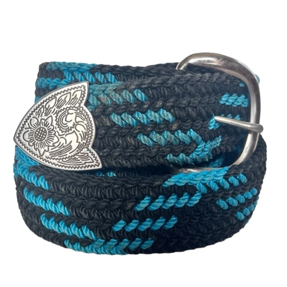 Vintage 90s Western Braided Belt Black Turquoise Silver Tip Cowboy Unisex Retro